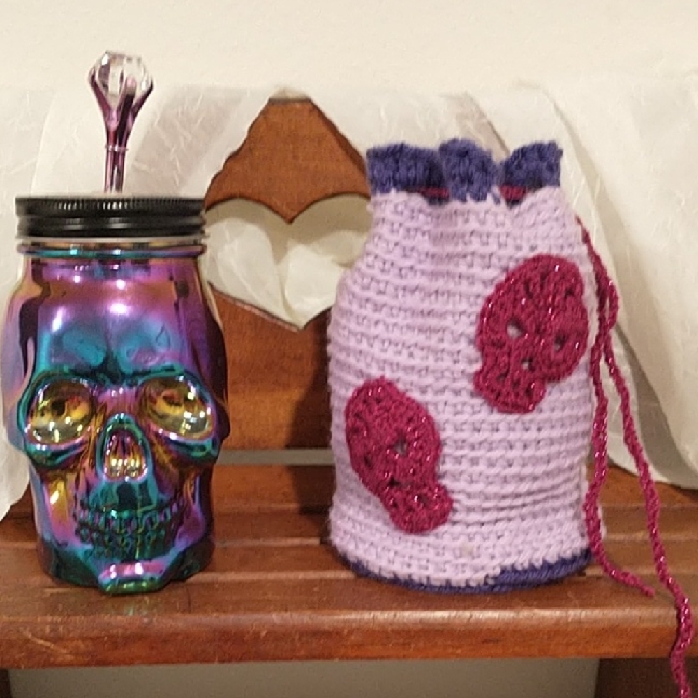 Iridescent Skull Mason Jar with Crochet Cozy